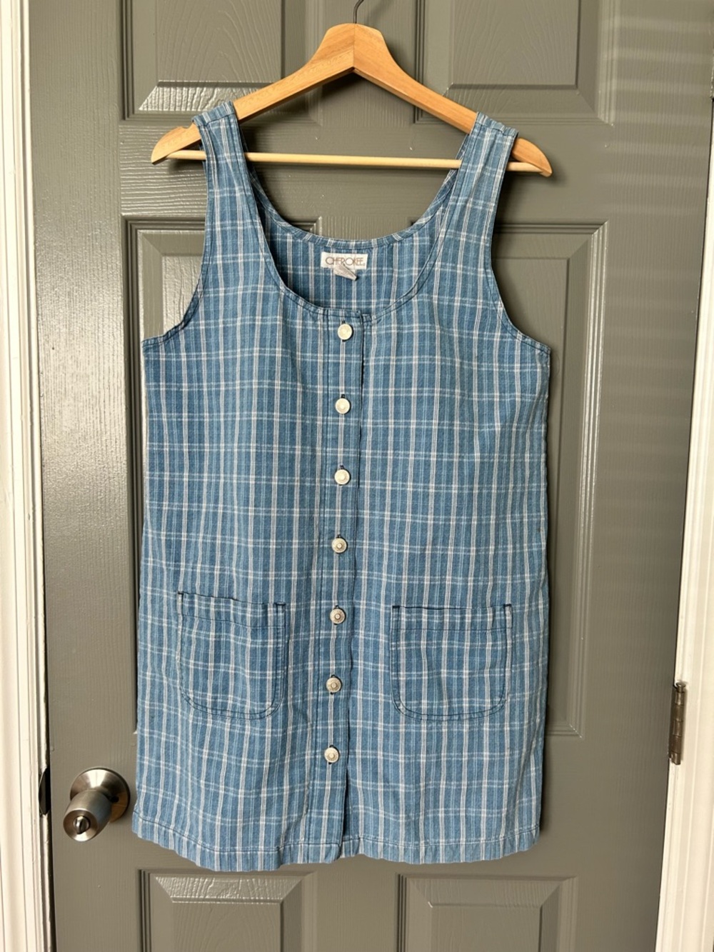 Vintage 100% cotton blue Plaid Button-Front Tank Dress with pockets